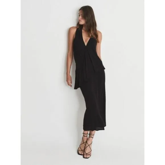Reiss Dress Xena Strappy Open Back Black Women Midi Asymmetric Party SZ 8 New