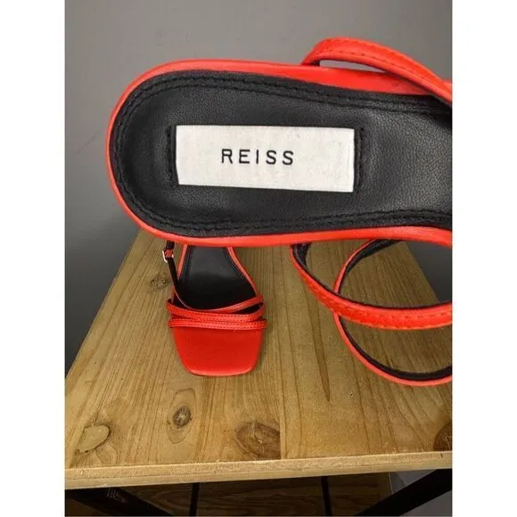 Reiss Women's Bali Leather Square Toe Strappy Heeled Sandals Orange Size 6