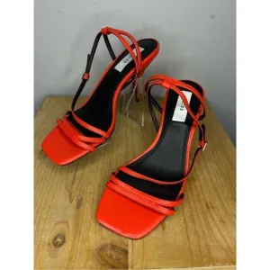 Reiss Women's Bali Leather Square Toe Strappy Heeled Sandals Orange Size 6