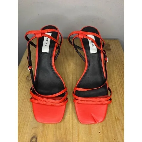 Reiss Women's Bali Leather Square Toe Strappy Heeled Sandals Orange Size 6