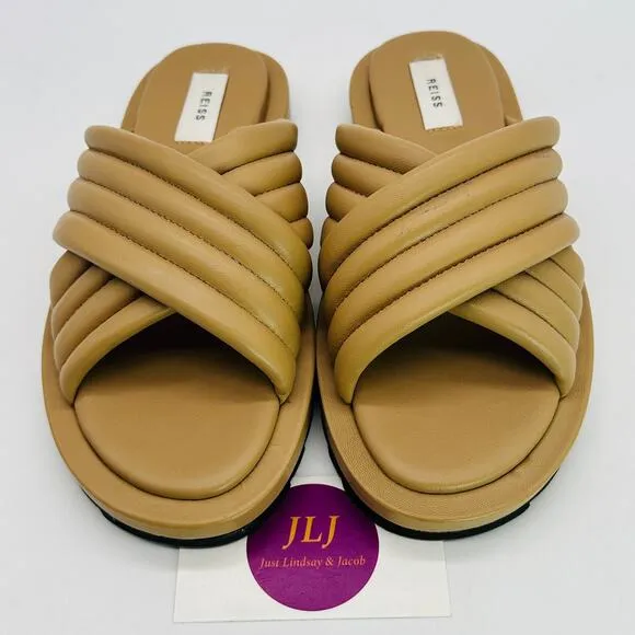 Reiss Women's Blair Quilted Biscuit Leather Slip On Slider Sandals Size 7.5