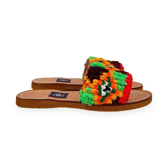 Res Ipsa Upcycled One Of A Kind Moroccan Rug Handmade Flat Leather Sandals sz 6