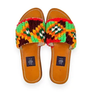 Res Ipsa Upcycled One Of A Kind Moroccan Rug Handmade Flat Leather Sandals sz 6