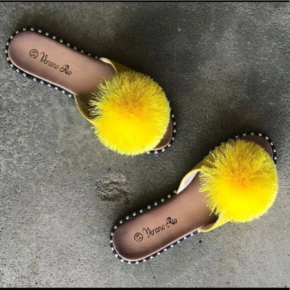 RESTOCK Yellow Pom Silver Stud SlipOn Mule Sandal