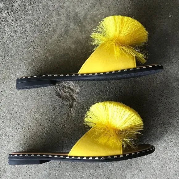 RESTOCK Yellow Pom Silver Stud SlipOn Mule Sandal