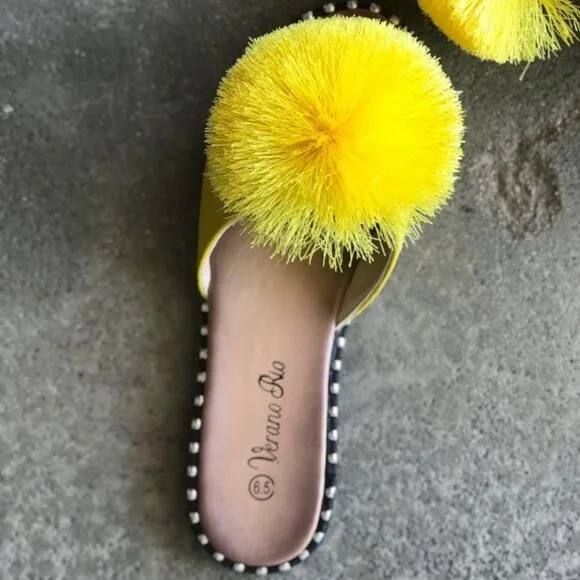 RESTOCK Yellow Pom Silver Stud SlipOn Mule Sandal