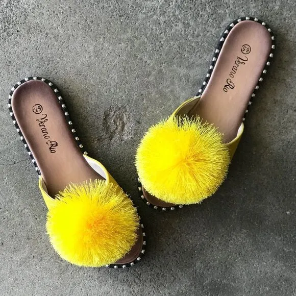 RESTOCK Yellow Pom Silver Stud SlipOn Mule Sandal