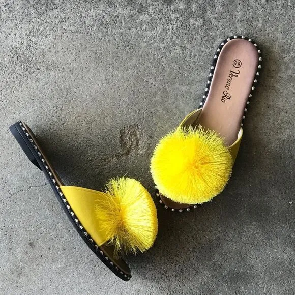 RESTOCK Yellow Pom Silver Stud SlipOn Mule Sandal