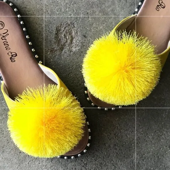 RESTOCK Yellow Pom Silver Stud SlipOn Mule Sandal