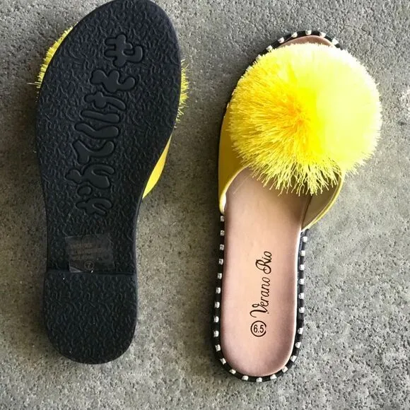 RESTOCK Yellow Pom Silver Stud SlipOn Mule Sandal
