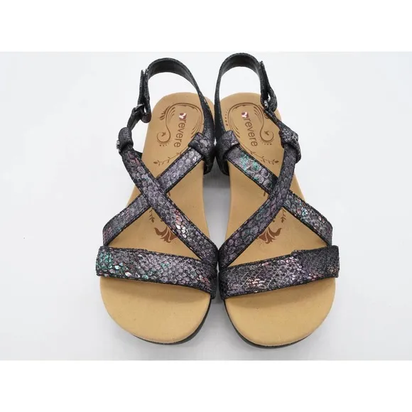 Revere Sandals Womens 8 Slingback Strappy Purple Python Metallic Leather Wedge