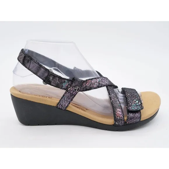 Revere Sandals Womens 8 Slingback Strappy Purple Python Metallic Leather Wedge