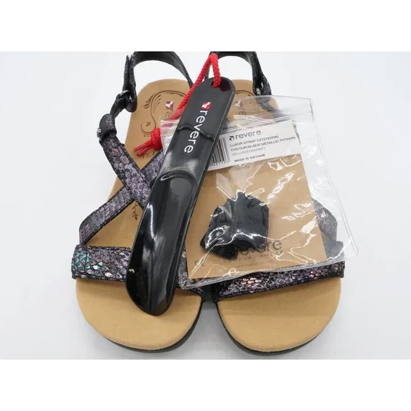 Revere Sandals Womens 8 Slingback Strappy Purple Python Metallic Leather Wedge