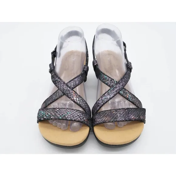 Revere Sandals Womens 8 Slingback Strappy Purple Python Metallic Leather Wedge