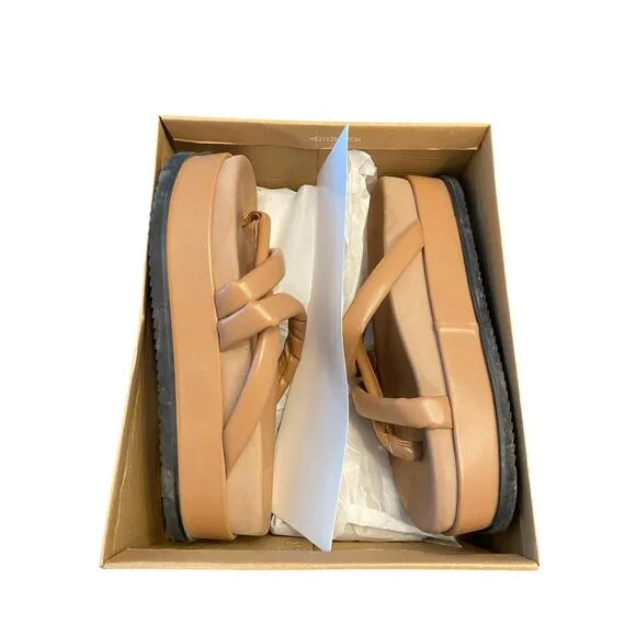 Roam Asymmetrical Stack Vegan Leather Platform Wedge Sandals Cognac Size 10/40