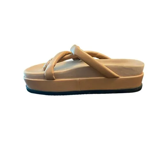 Roam Asymmetrical Stack Vegan Leather Platform Wedge Sandals Cognac Size 10/40