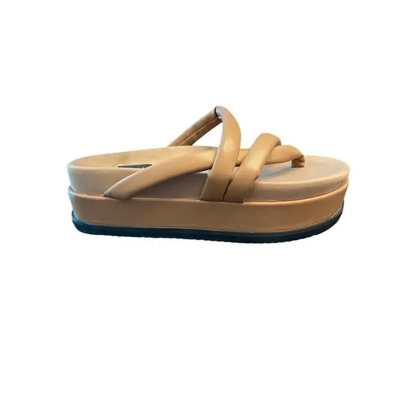Roam Asymmetrical Stack Vegan Leather Platform Wedge Sandals Cognac Size 10/40