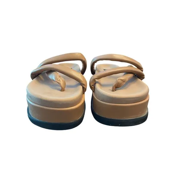 Roam Asymmetrical Stack Vegan Leather Platform Wedge Sandals Cognac Size 10/40
