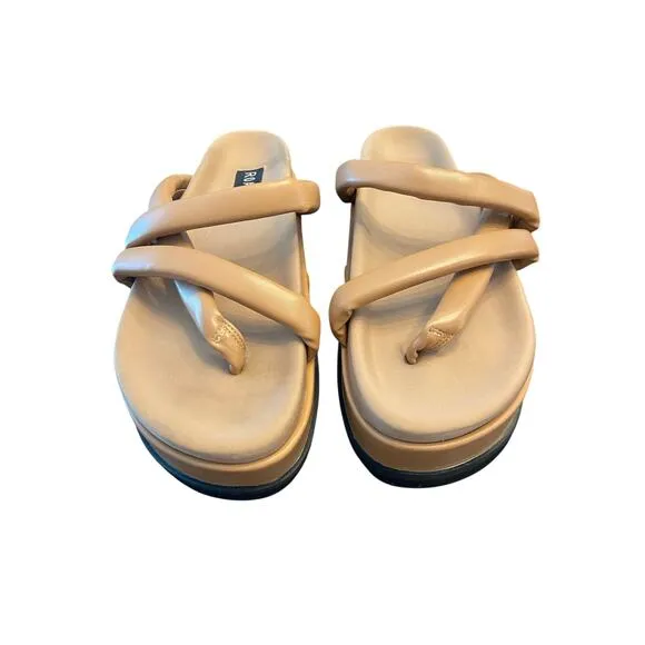 Roam Asymmetrical Stack Vegan Leather Platform Wedge Sandals Cognac Size 10/40