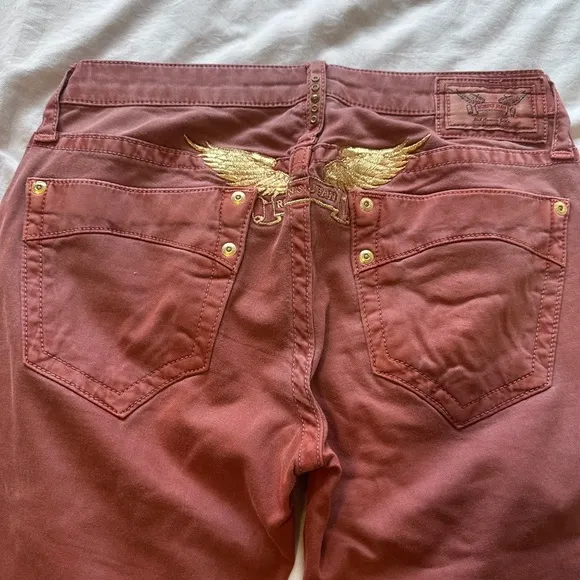 Robin’s Jean Women’s Size 25 Burgundy Bootcut Jeans Gold Embroidered Wings Y2K