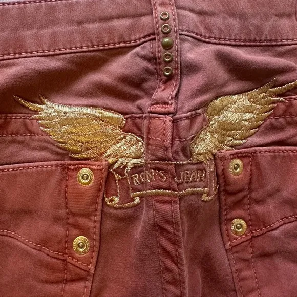 Robin’s Jean Women’s Size 25 Burgundy Bootcut Jeans Gold Embroidered Wings Y2K