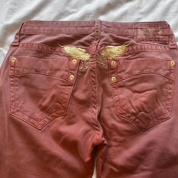 Robin’s Jean Women’s Size 25 Burgundy Bootcut Jeans Gold Embroidered Wings Y2K