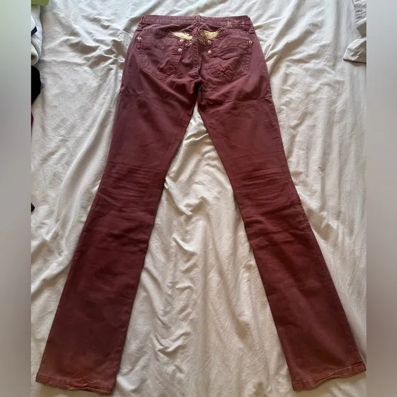 Robin’s Jean Women’s Size 25 Burgundy Bootcut Jeans Gold Embroidered Wings Y2K
