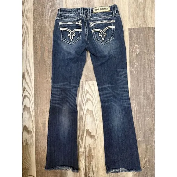 Rock Revival Dee Boot Cut‎ Jeans Distressed Thick Stitch Flap Pockets Size 26