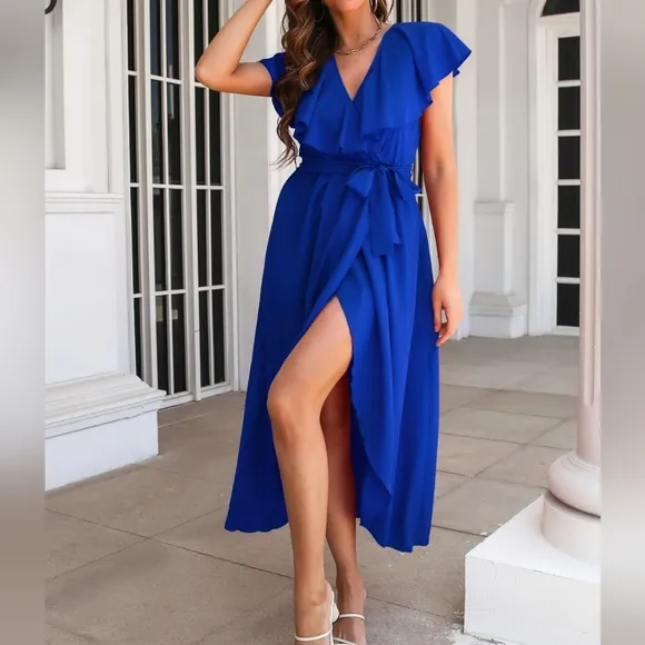 Romantic Ruffled Midi Dress with Wrap Silhouette and Slit
