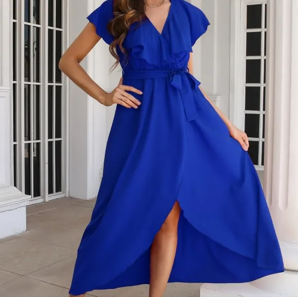 Romantic Ruffled Midi Dress with Wrap Silhouette and Slit