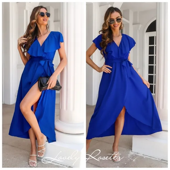 Romantic Ruffled Midi Dress with Wrap Silhouette and Slit