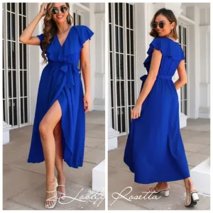 Romantic Ruffled Midi Dress with Wrap Silhouette and Slit