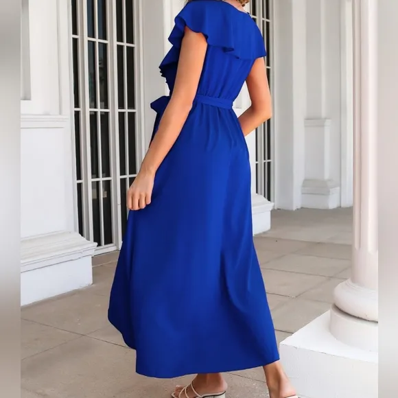 Romantic Ruffled Midi Dress with Wrap Silhouette and Slit