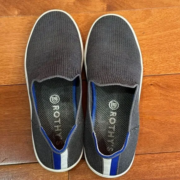 Rothy's THE SNEAKER Recycled Gray Knit Slip On Loafers Blue Stripe 7.5