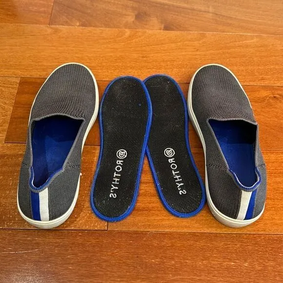 Rothy's THE SNEAKER Recycled Gray Knit Slip On Loafers Blue Stripe 7.5