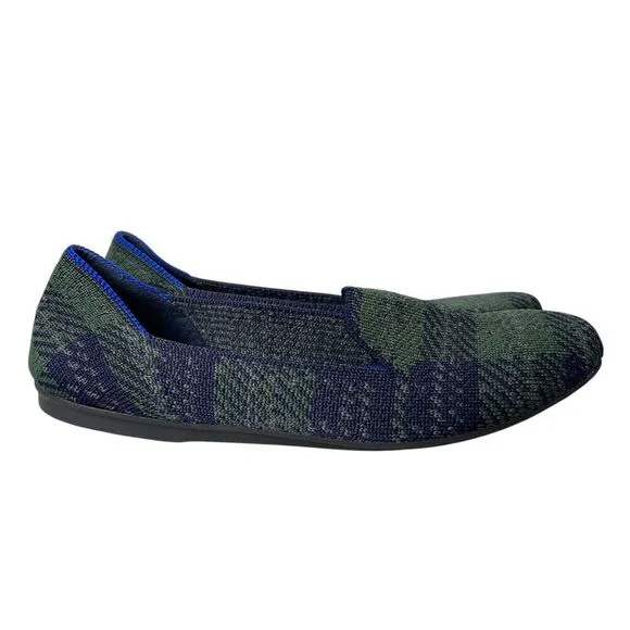 Rothys Womens Tartan Plaid Slip On Loafers Size 6 Green Blue