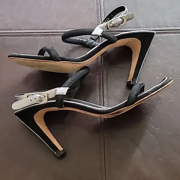 Salvatore Ferragamo Black/Silver Suede Heeled Strappy Sandals Size 10