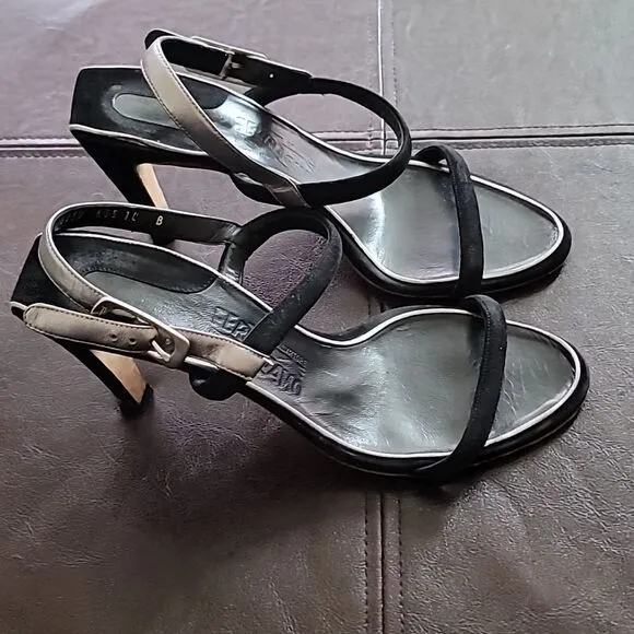 Salvatore Ferragamo Black/Silver Suede Heeled Strappy Sandals Size 10