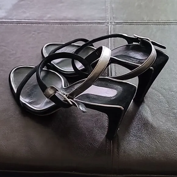 Salvatore Ferragamo Black/Silver Suede Heeled Strappy Sandals Size 10