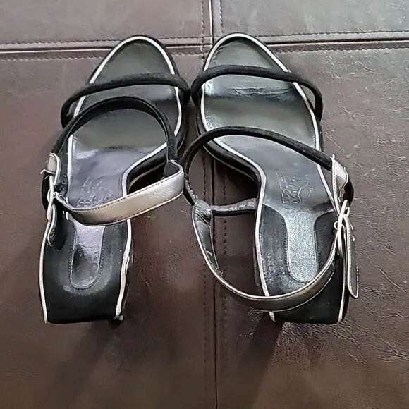 Salvatore Ferragamo Black/Silver Suede Heeled Strappy Sandals Size 10