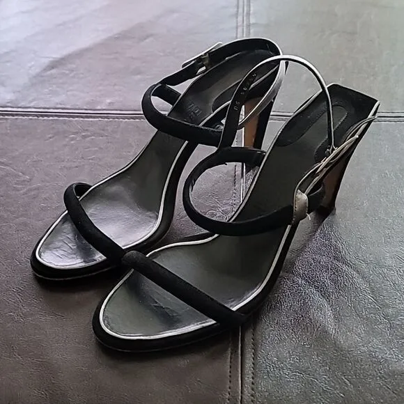 Salvatore Ferragamo Black/Silver Suede Heeled Strappy Sandals Size 10