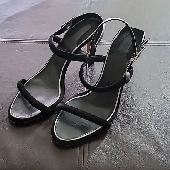 Salvatore Ferragamo Black/Silver Suede Heeled Strappy Sandals Size 10