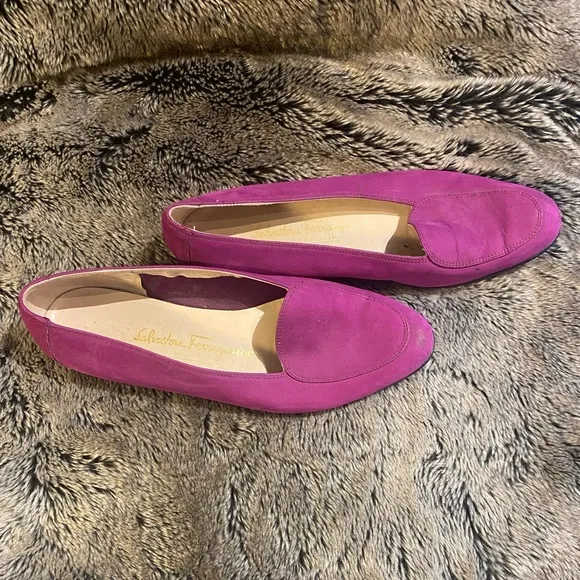 Salvatore Ferragamo Magenta Suede Slip On Loafers, size 8.5 B