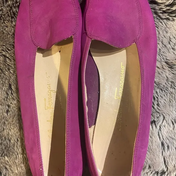 Salvatore Ferragamo Magenta Suede Slip On Loafers, size 8.5 B