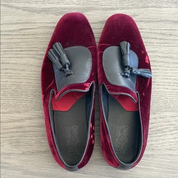 Salvatore Ferragamo Red and Black Velvet Loafers