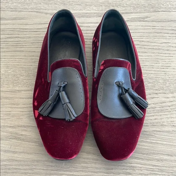 Salvatore Ferragamo Red and Black Velvet Loafers