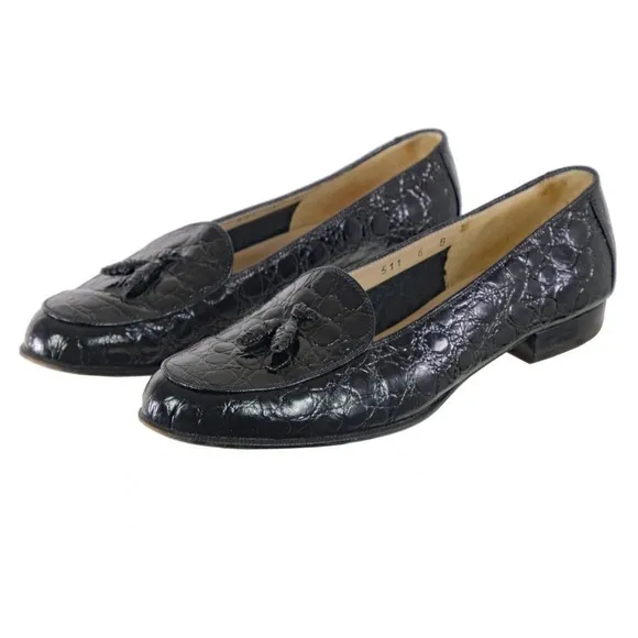SALVATORE FERRAGAMO Tassel Loafers Flats Crocodile Embossed Sz 6 B ITALY Black