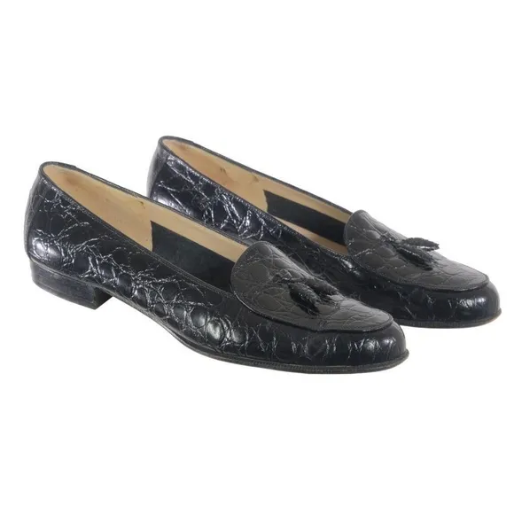 SALVATORE FERRAGAMO Tassel Loafers Flats Crocodile Embossed Sz 6 B ITALY Black
