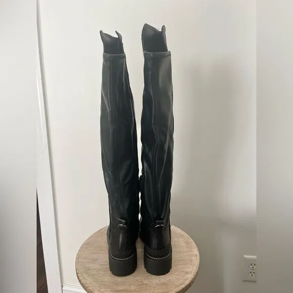 Sam Edelman Lerue Over The Knee Stretch Side Zip Lug Combat Boots Black NWOB