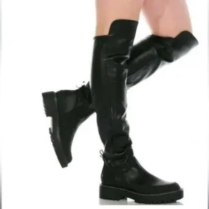 Sam Edelman Lerue Over The Knee Stretch Side Zip Lug Combat Boots Black NWOB